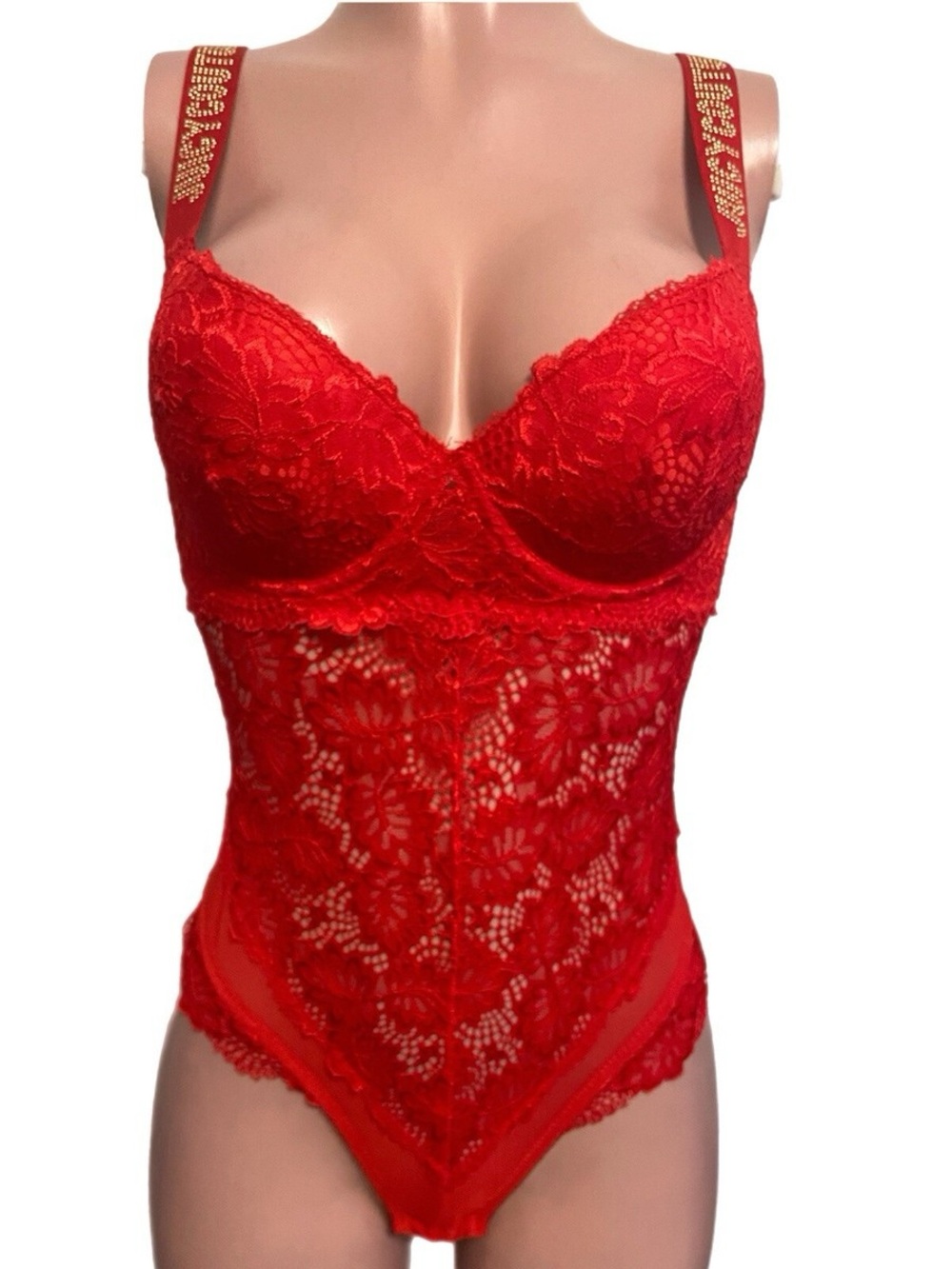 🌹 JUICY COUTURE Red Lace Sweetheart Bodysuit Lingerie Thong Size Large NWT